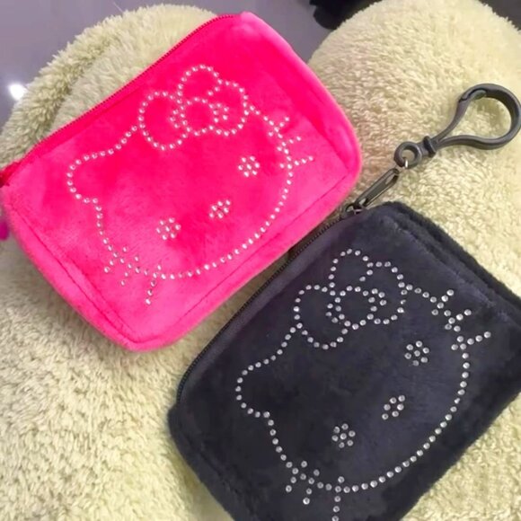 Hello Kitty Japan Plush Velvet Card Holder Coin Bag w Zipper & Key Holder Bling - Picture 1 of 4